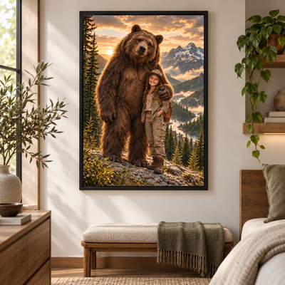 Personalized Adventure Poster – Custom AI Portrait with Animal Companion, Outdoor Wall Art Gift for Family