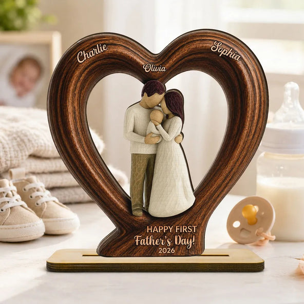Happy First Father's Day Dad From Mom And Baby 2D Flat Heart - Personalized 2-Layered Wooden Plaque - Heartfelt Father's Day Gift For Dad, Husband