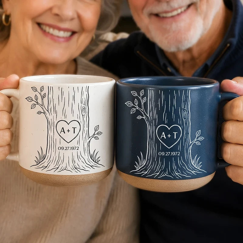 Carved Initials In A Heart Tree Couple - Personalized Pottery Mug