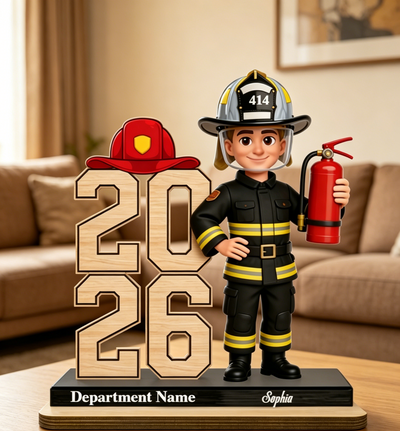 2026 Firefighter Wooden Plaque - Customizable Hero Figurine for Department Name & Personalized Gift