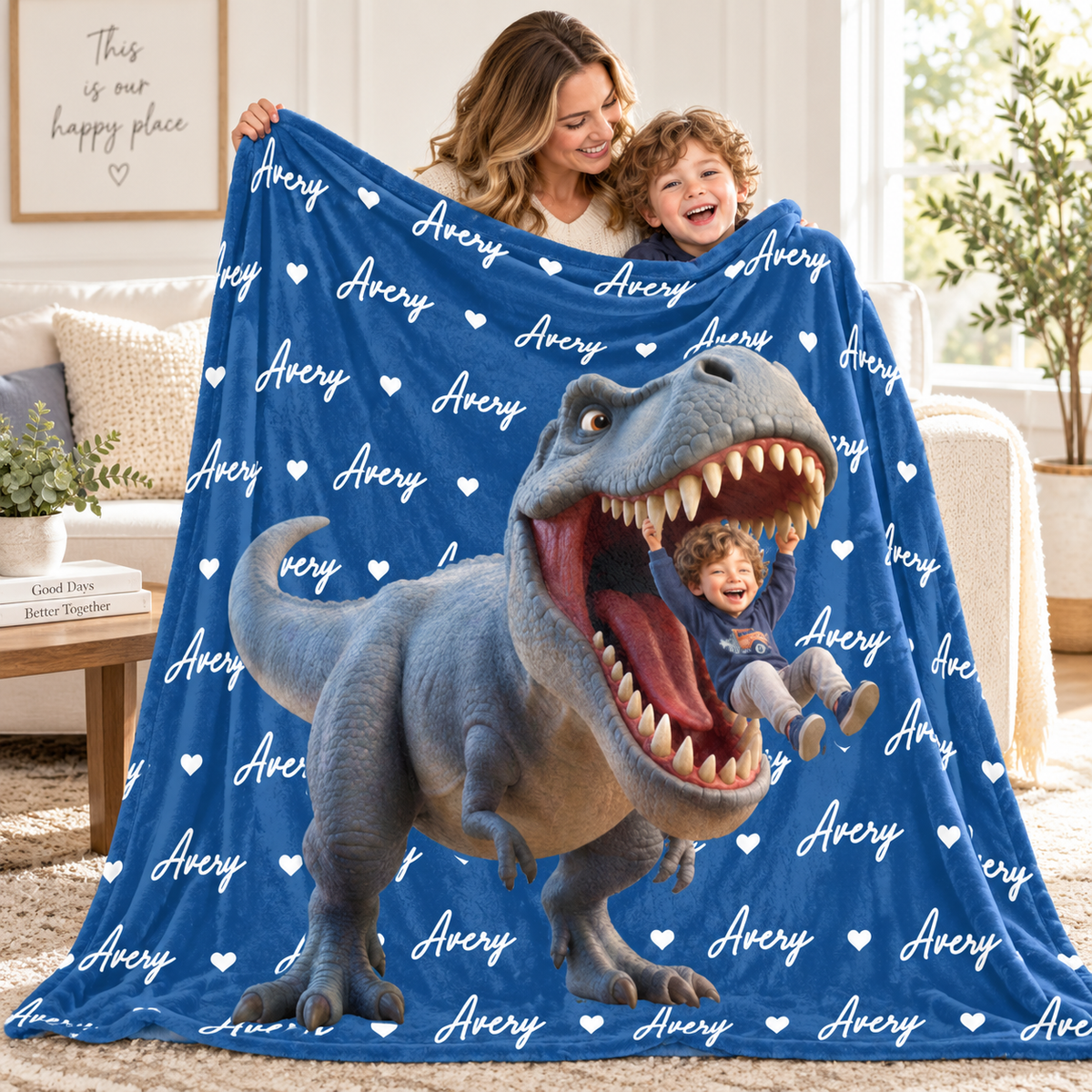 Personalized Dinosaur Blanket – Custom Name & AI Cartoon Portrait Flannel Blanket, Cozy Gift for Kids