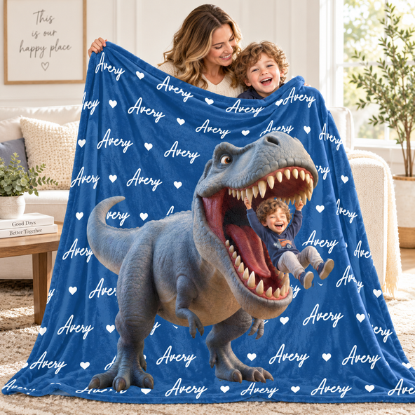 Personalized Dinosaur Blanket – Custom Name & AI Cartoon Portrait Flannel Blanket, Cozy Gift for Kids