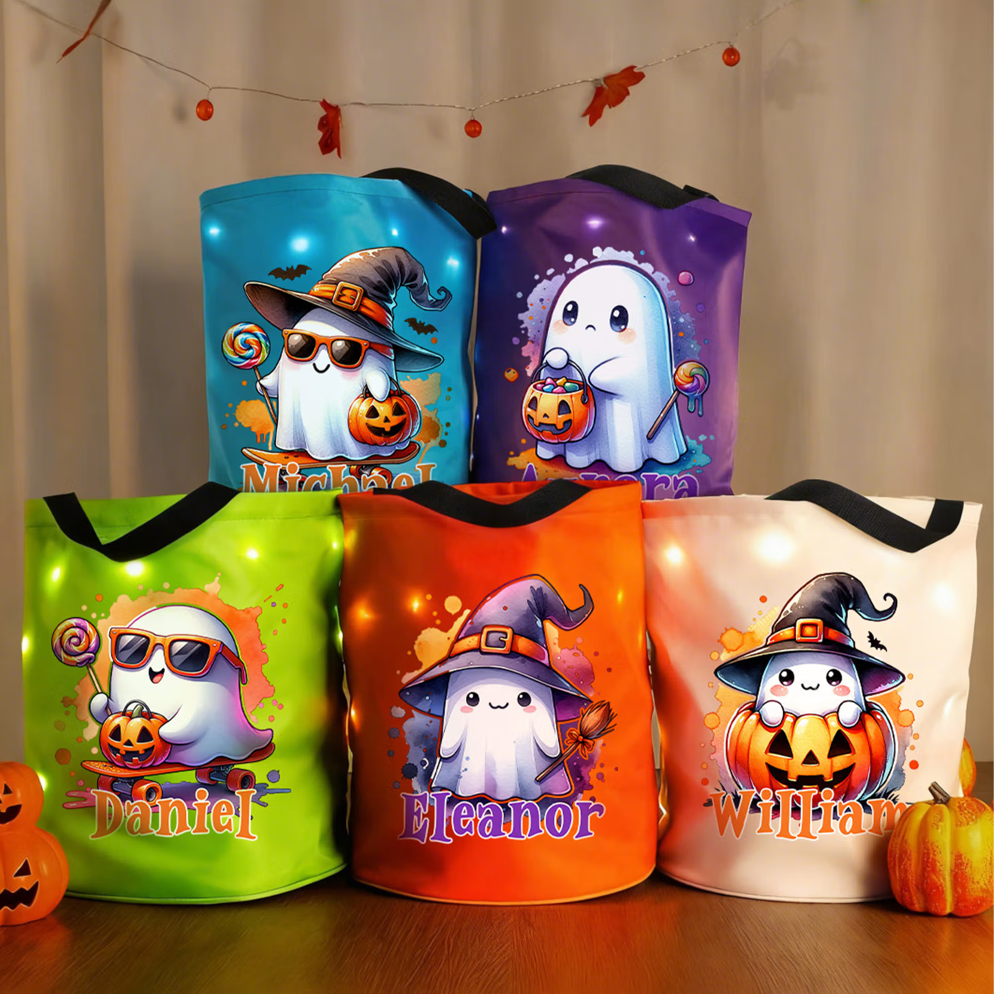 Personalized Witch Hat Pumpkin Cartoon Ghost LED Light Trick or Treat Bag with Name Halloween Classroom Party Gifts for Kids Teenagers