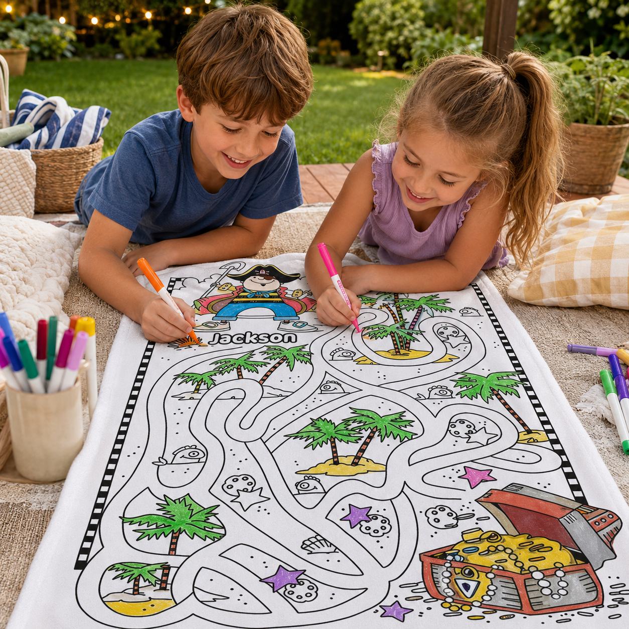 Personalized Pirate Treasure Maze Coloring Blanket | Custom Boy Name Find Hidden Treasure DIY Colorable Blanket