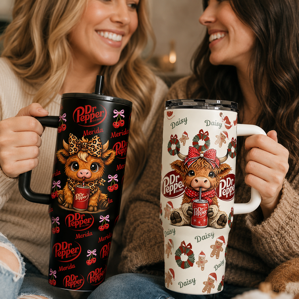 Personalized Dr Pepper Highland Cow 40oz Tumbler With Handle Straw Lid Custom Name Leopard Red Bow Christmas Gingerbread Stainless Steel Insulated Mug Gift For Friends