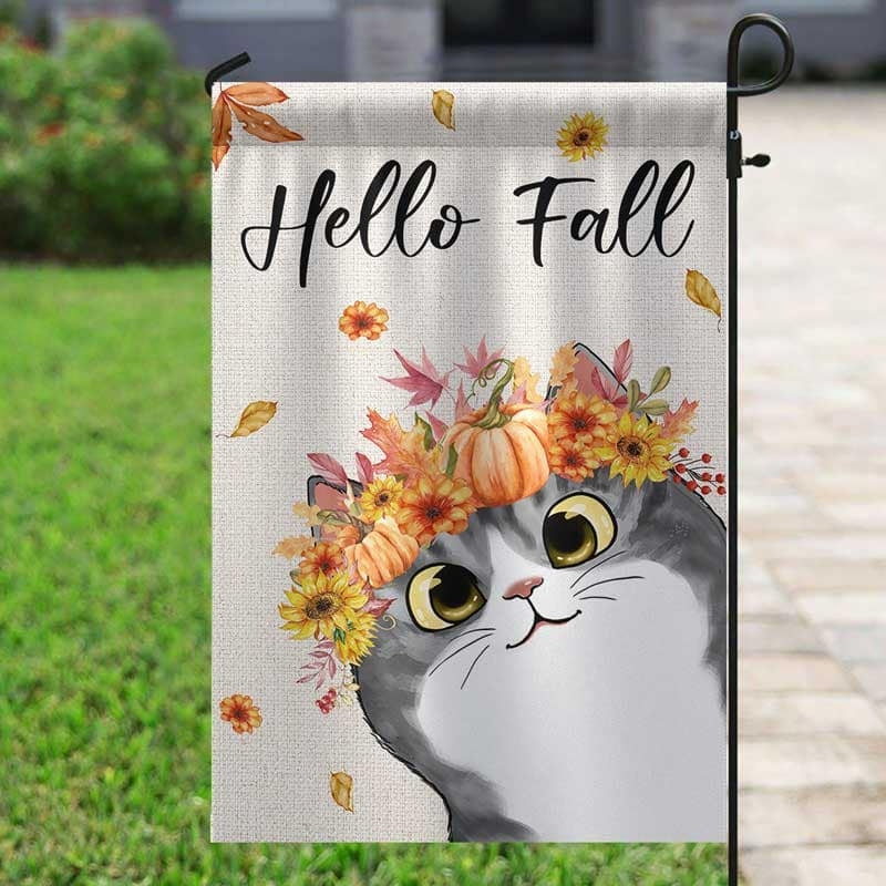Hello Fall Cute Peeking Cat Personalized Garden Flag