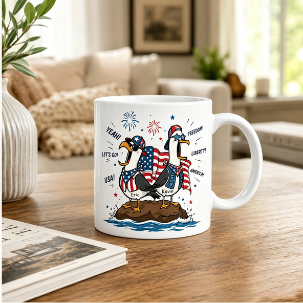Personalized 4th of July Seagull Mug, Custom Name USA Seagull Coffee Cup, Patriotic American Flag Mug, Funny Independence Day Gift, Freedom Liberty USA Themed Drinkware