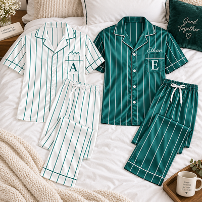 Personalized Couple Satin Pajama Set – Custom Name & Initials Matching Striped Sleepwear, Wedding & Anniversary Gift for Couples