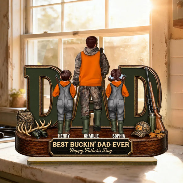 Hunting Dad Best Buckin' Dad Ever - Personalized 2-Layered Wooden Plaque - Father's Day Gift For Hunting Dad