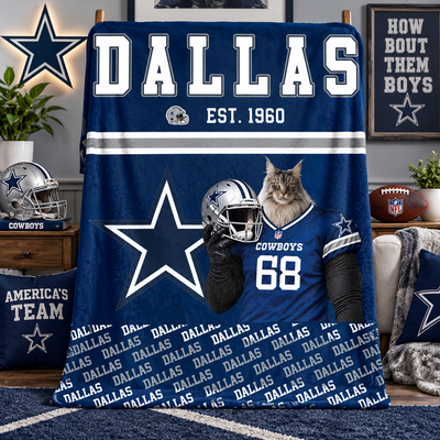 Personalized NFL Team Pet Portrait Blanket, Custom Photo Throw Blanket, Gift for NFL & Pet Lovers