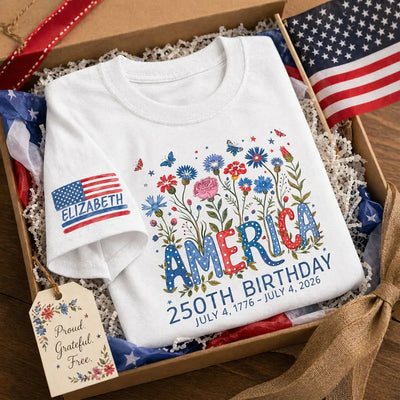 Wildflower Floral 250th USA Custom Name - Personalized Sleeve Printed Shirt - United States 250th Anniversary USA Patriotic