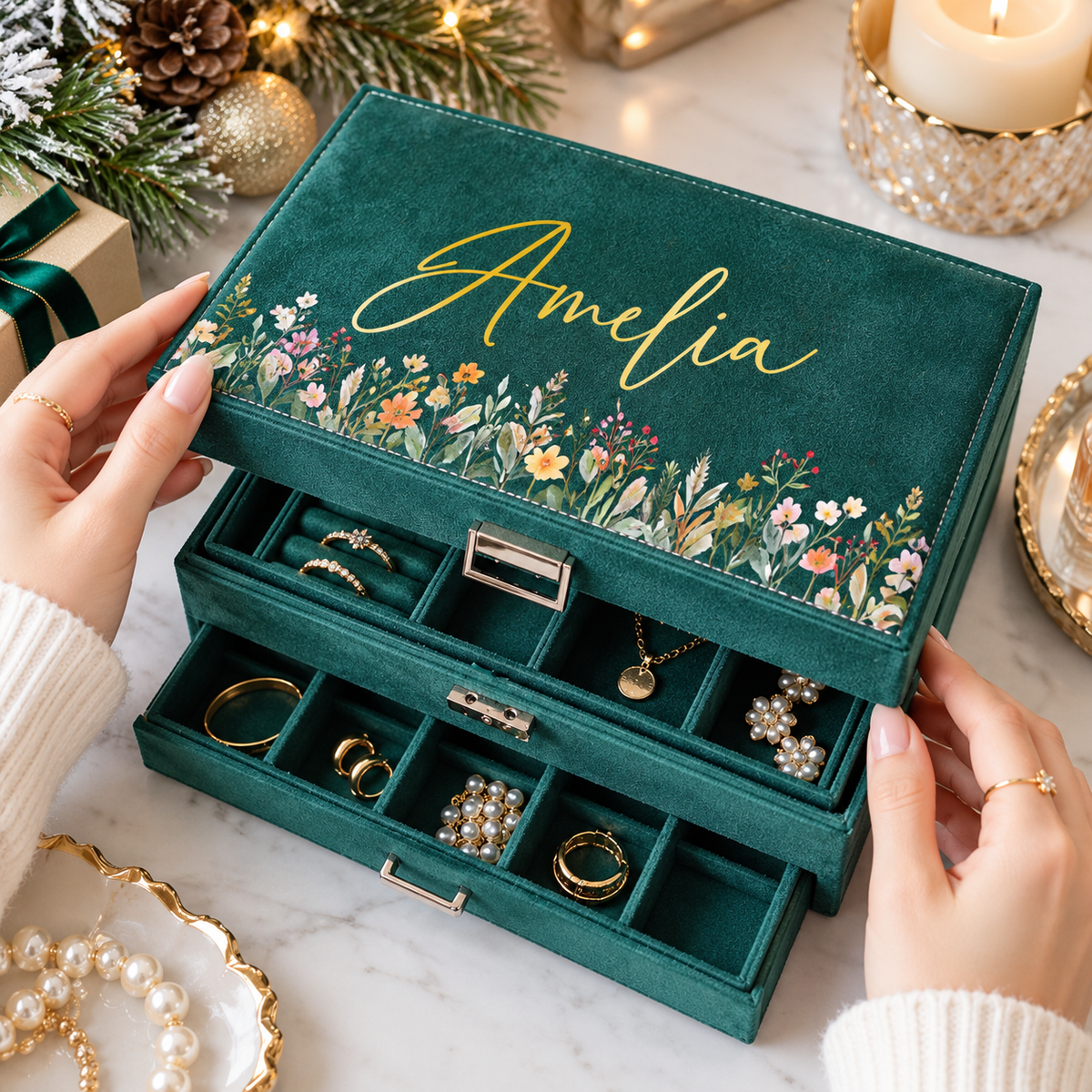 Personalized Wildflower Velvet Jewelry Box, Custom Name Large Jewelry Organizer with Drawer, Christmas Gift for Her