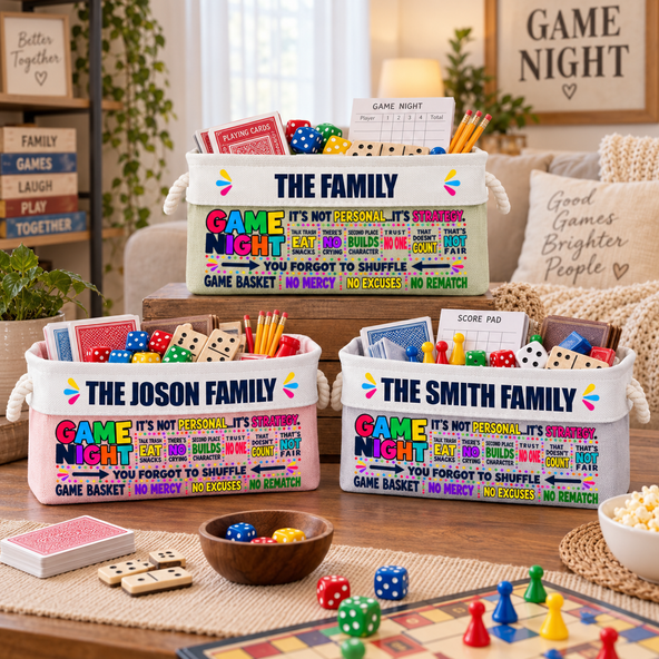 Personalized Family Game Night Storage Basket – Custom Family Name Board Game Organizer, Family Game Night Gift