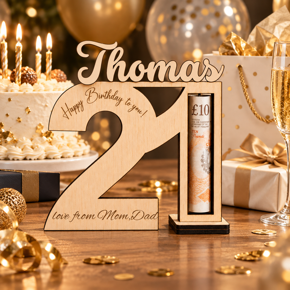 Personalized Birthday Money Holder, Custom Age Number & Name Engraved Wooden Keepsake, Birthday Gift for Teens, Daughters & Sons