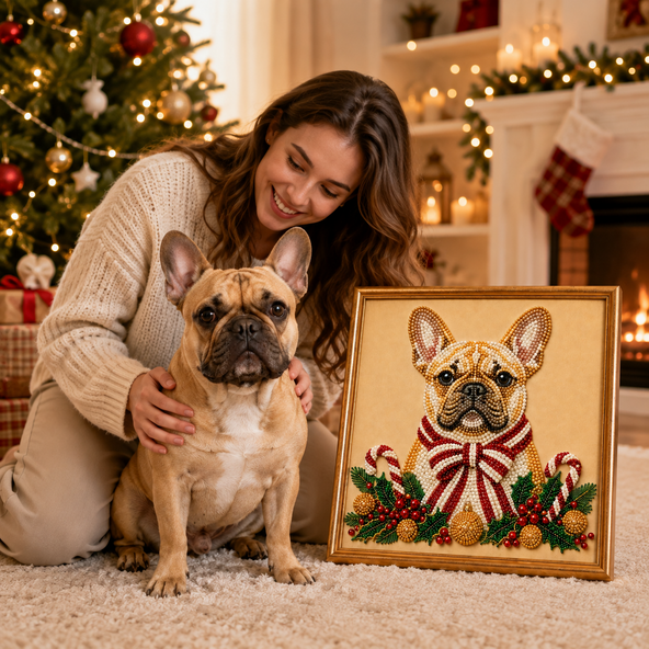 Personalized Pet 3D Pearl Art DIY Kit – Custom Photo Candy Cane Bow Portrait for Christmas Home Decor & Pet Lover Gifts
