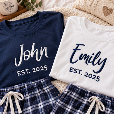 Personalized Couple Pajama Set – Custom Name Embroidery & Est. Year, Wedding and Honeymoon Gift for Couples
