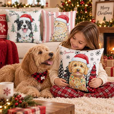 Custom Pet Photo Watercolor Art Christmas Winter Decor Gift - Personalized Pillow