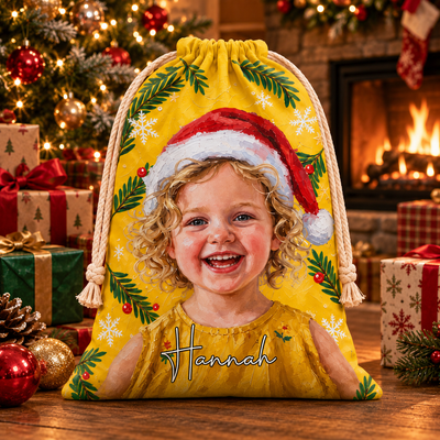 Custom Upload Photo Oil Portrait Drawstring Christmas Gift Bag, Personalized Name Large Sack, Holiday Present Bag For Family & Kids