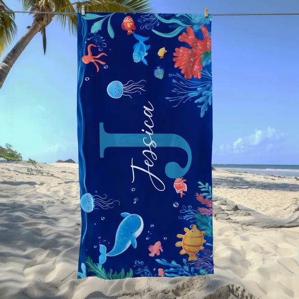 Personalized Ocean World Cute Animal Personalized Beach Towel with Initial and Name, Summer Travel, Accessories Gift for Boy Girl, Bath Towel