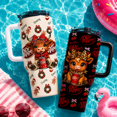 Personalized Dr Pepper Highland Cow 40oz Tumbler With Handle Straw Lid Custom Name Leopard Red Bow Christmas Gingerbread Stainless Steel Insulated Mug Gift For Friends