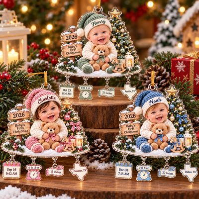 Custom Baby's First Christmas Photo Ornament, Personalized Birth Stats Tree Decoration, Acrylic Keepsake Gift for New Parents