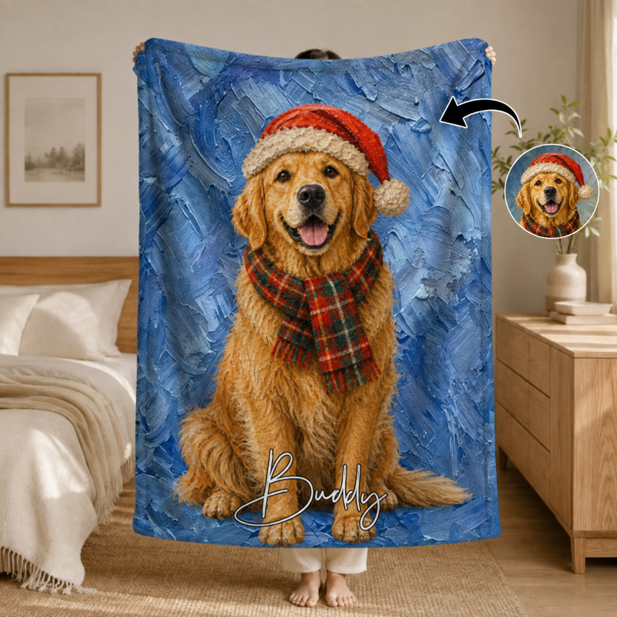 Personalized Christmas Pet Portrait Blanket – Custom Oil Painting Style Dog & Cat Photo with Santa Hat & Scarf, Holiday Gift for Pet Owners & Pet Lovers