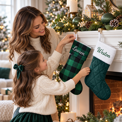 Personalized Embroidered Christmas Stocking, Rustic Plaid Farmhouse Stocking with Custom Name, Family Holiday Decor Gift