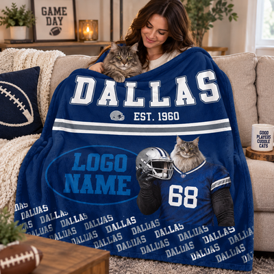 Personalized Football Team Pet Portrait Blanket, Custom Photo Throw Blanket, Gift for Football & Pet Lovers
