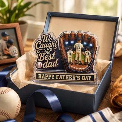 We Caught The Best Dad Dad & Kids In Glove 2D Flat - Personalized Acrylic Block Plaque - Happy Father's Day For Baseball Dad