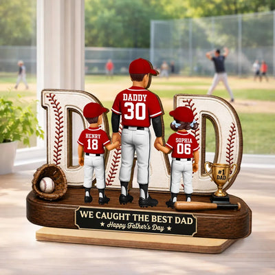 No 1 Baseball Dad Legend We Caught The Best Dad - Personalized 2-Layered Wooden Plaque - Father's Day Gift For Dad, Husband