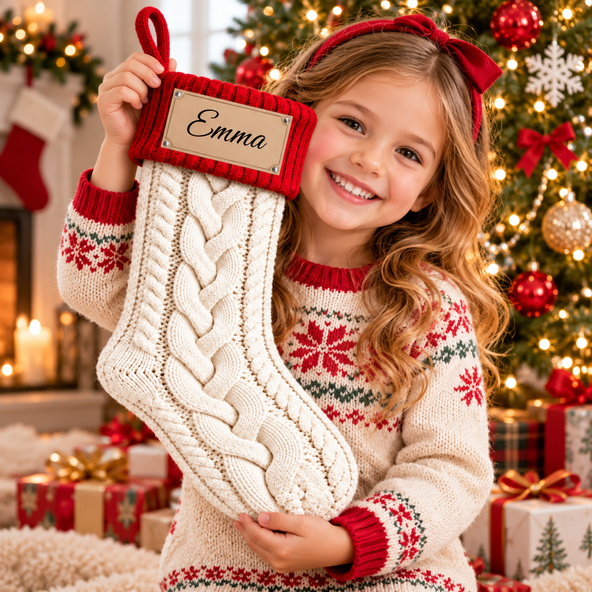 Personalized Christmas Stocking – Knit Stocking with Custom Name Patch, Holiday Decor & Gift for Family