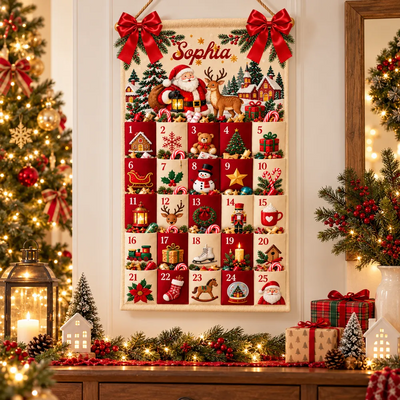 Personalized Christmas Advent Calendar – Custom Name Fabric Countdown Calendar with Numbered Pockets, Reusable Christmas Wall Hanging Gift for Kids & Family