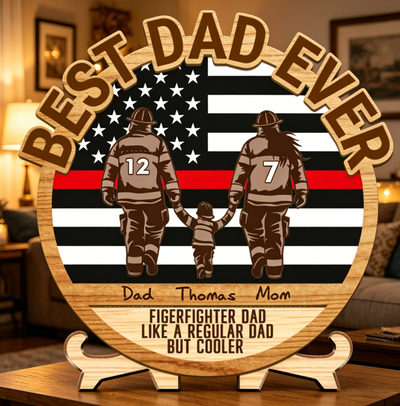 Custom "Best Dad Ever" Firefighter Family Sign, Personalized Wooden Plaque for Dad