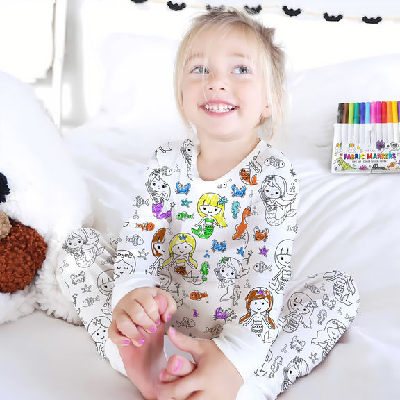 Color Your Own - Colorable Pajama Set Fabric Markers Included For Kid, Color Your Own Pajama For Kid, All Over Print Pajama Set, DIY Pajama for Kids - Pajama Set-Kid-Long
