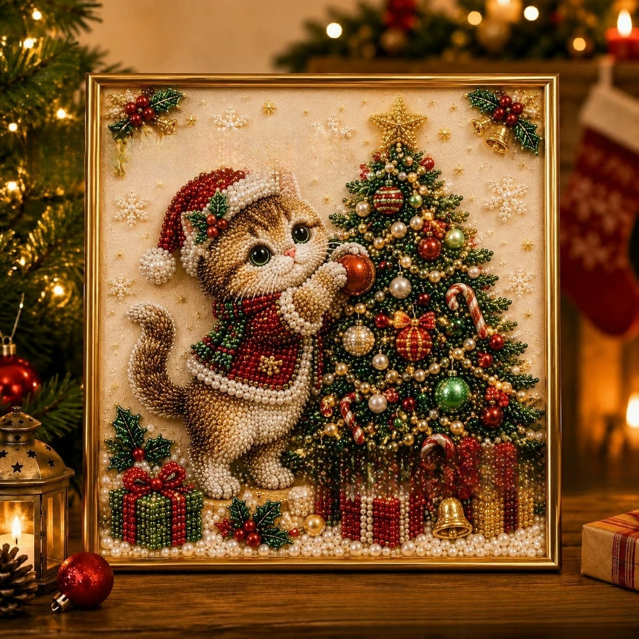 3D Pearl Christmas Kitty Art Kit ¨C DIY Diamond Painting Set for Christmas Gift For Pet Lover