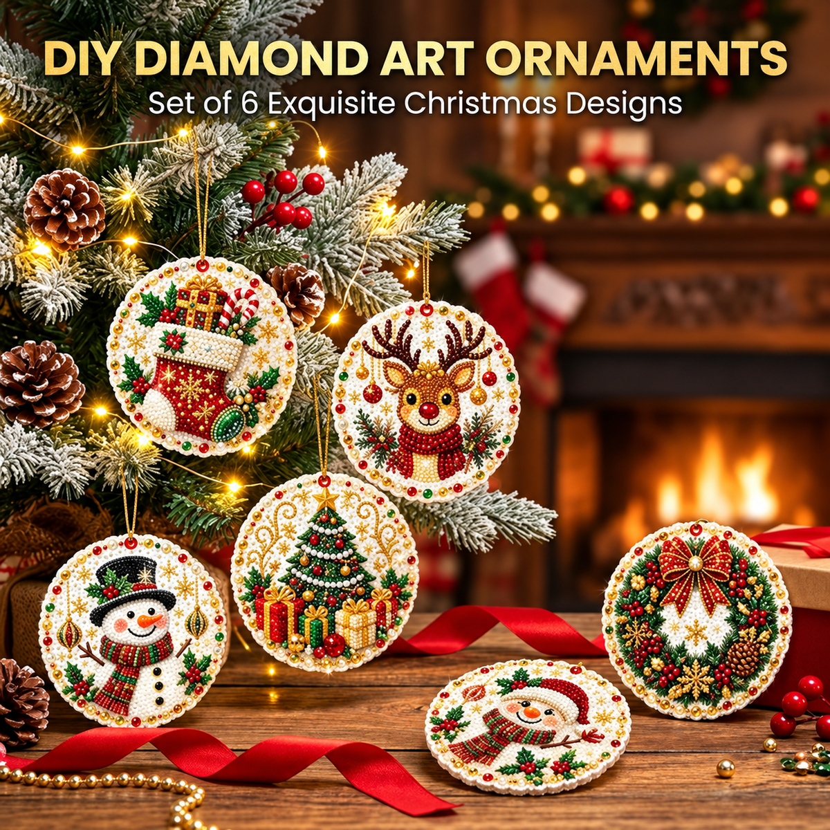 Christmas Diamond Art Hanging Ornaments – Festive Round Pattern Set, Tree Decor Gift for Crafters & Families