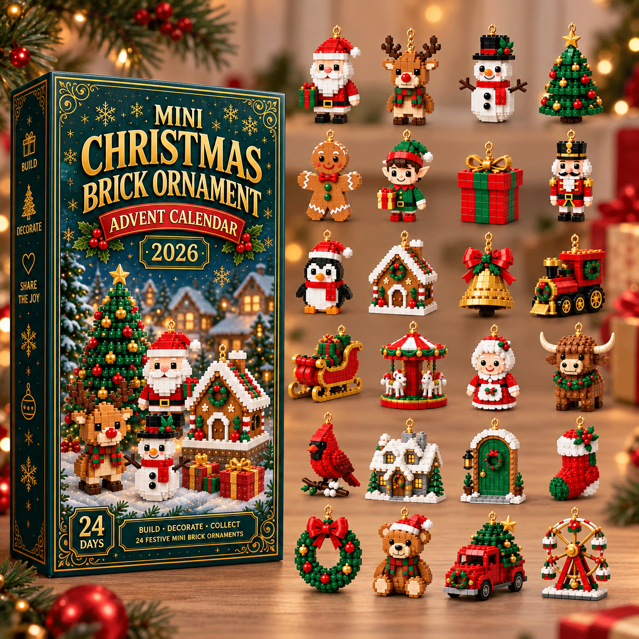 Christmas Mini Ornament Advent Calendar – 24 DIY Brick-Building Hanging Designs, Holiday Countdown Decor Gift for Kids & Families