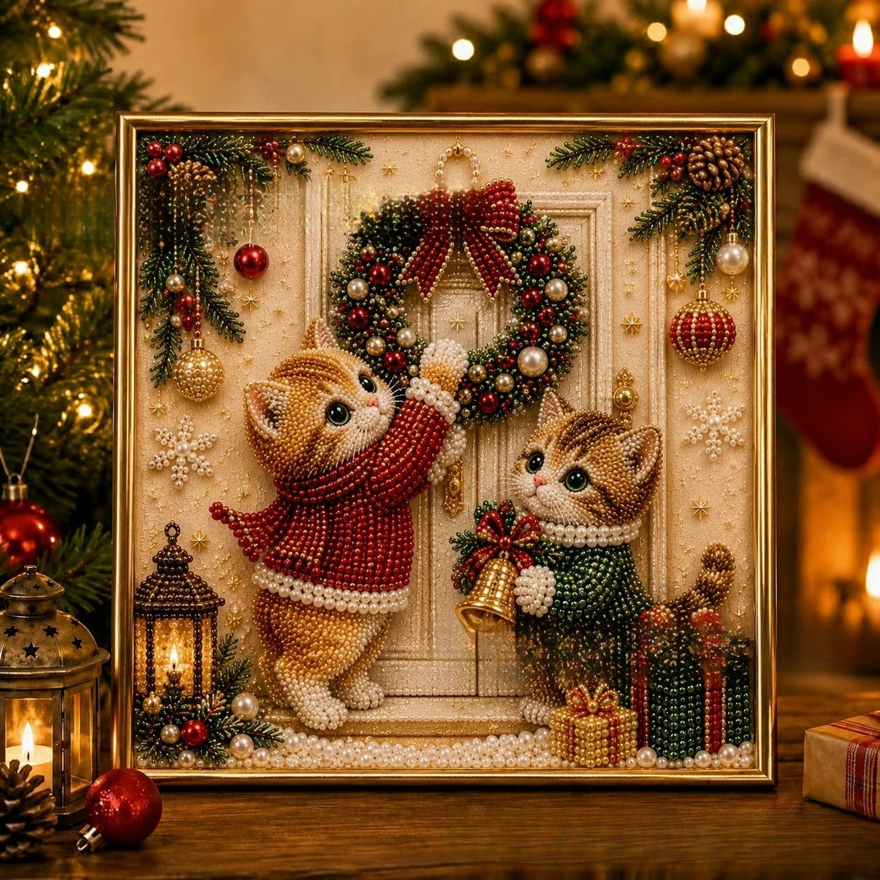 3D Pearl Christmas Kitty Art Kit ¨C DIY Diamond Painting Set for Christmas Gift For Pet Lover