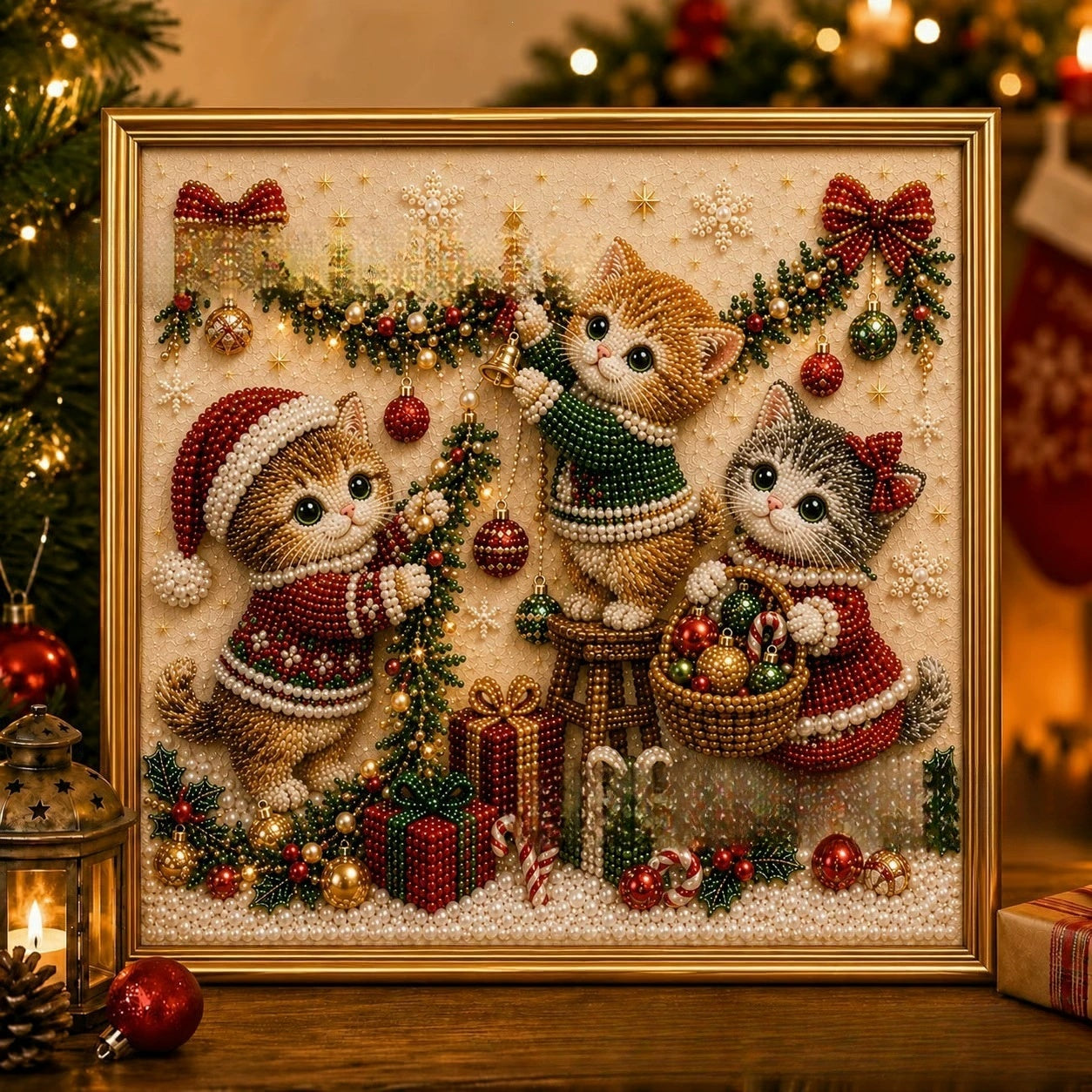 3D Pearl Christmas Kitty Art Kit ¨C DIY Diamond Painting Set for Christmas Gift For Pet Lover