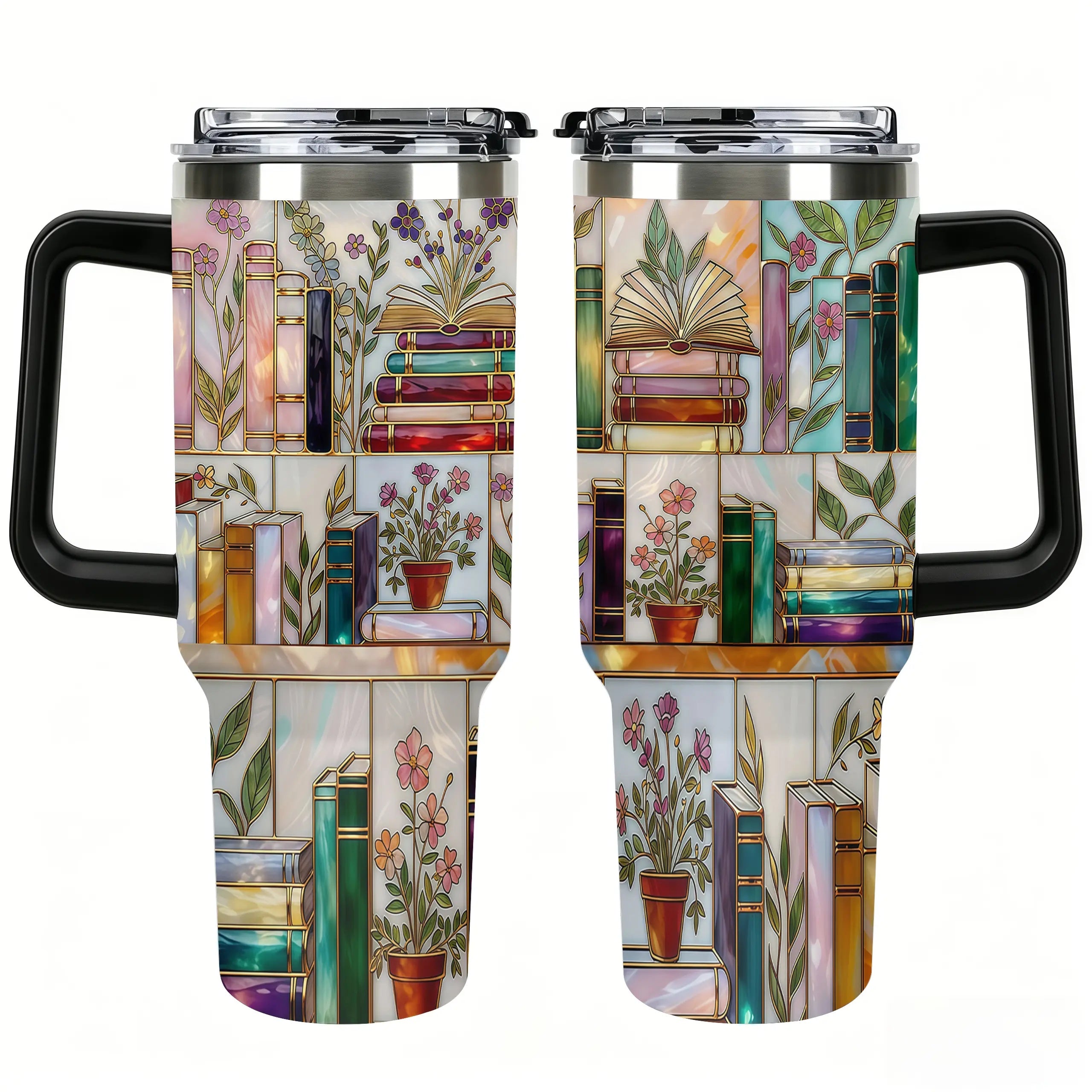Stained-Glass Book Design 40oz Tumbler,Flat 2D Printed Floral Bookshelf Tumbler, Book Lover Gift, Bookish Cup, Library Cup, Tea Cup, Coffee Mug, Gift for Friends, Kitchen Drinkware, Dealsforyou, Summerwins