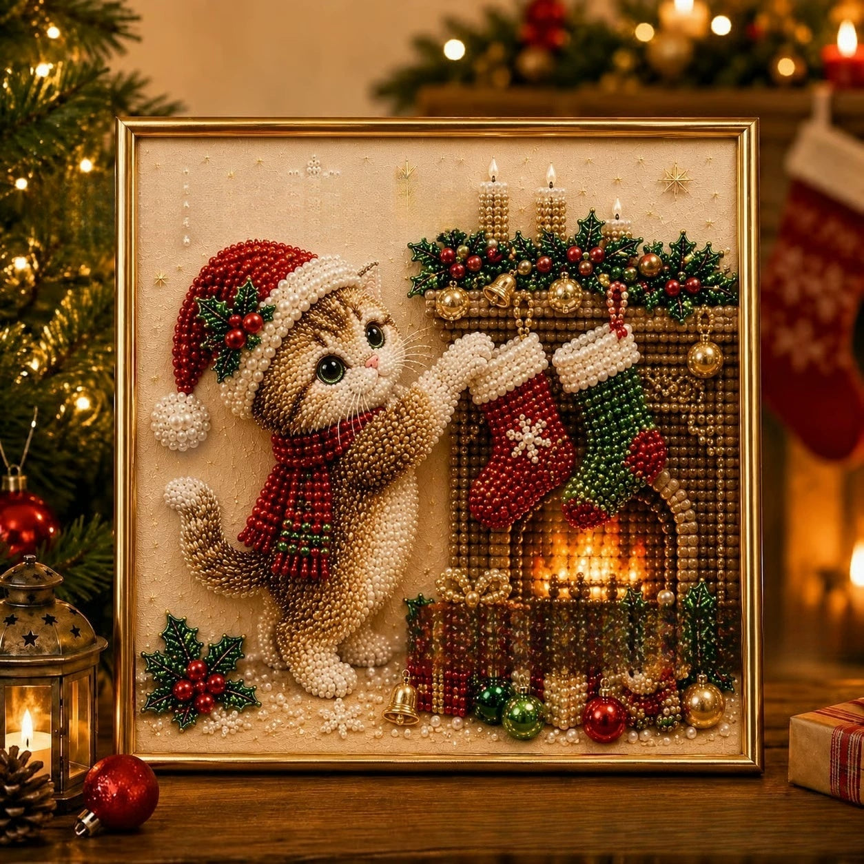3D Pearl Christmas Kitty Art Kit ¨C DIY Diamond Painting Set for Christmas Gift For Pet Lover