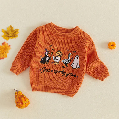 Toddler Baby Little Boy Girl Halloween Sweater Pumpkin Skull Goose Ghost Embroidery Long Sleeve Pullover Unisex Fall Knit Tops