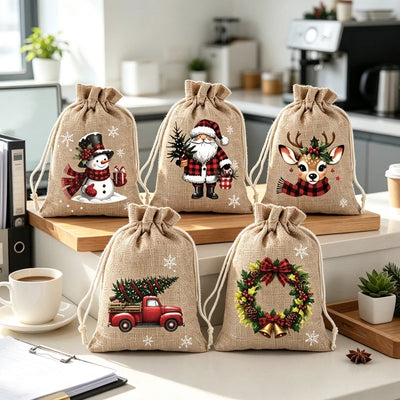 Personalized Christmas Fabric Gift Bags, Santa & Reindeer Holiday Drawstring Sacks, Reusable Xmas Present Storage Bags for Holiday Gift Giving