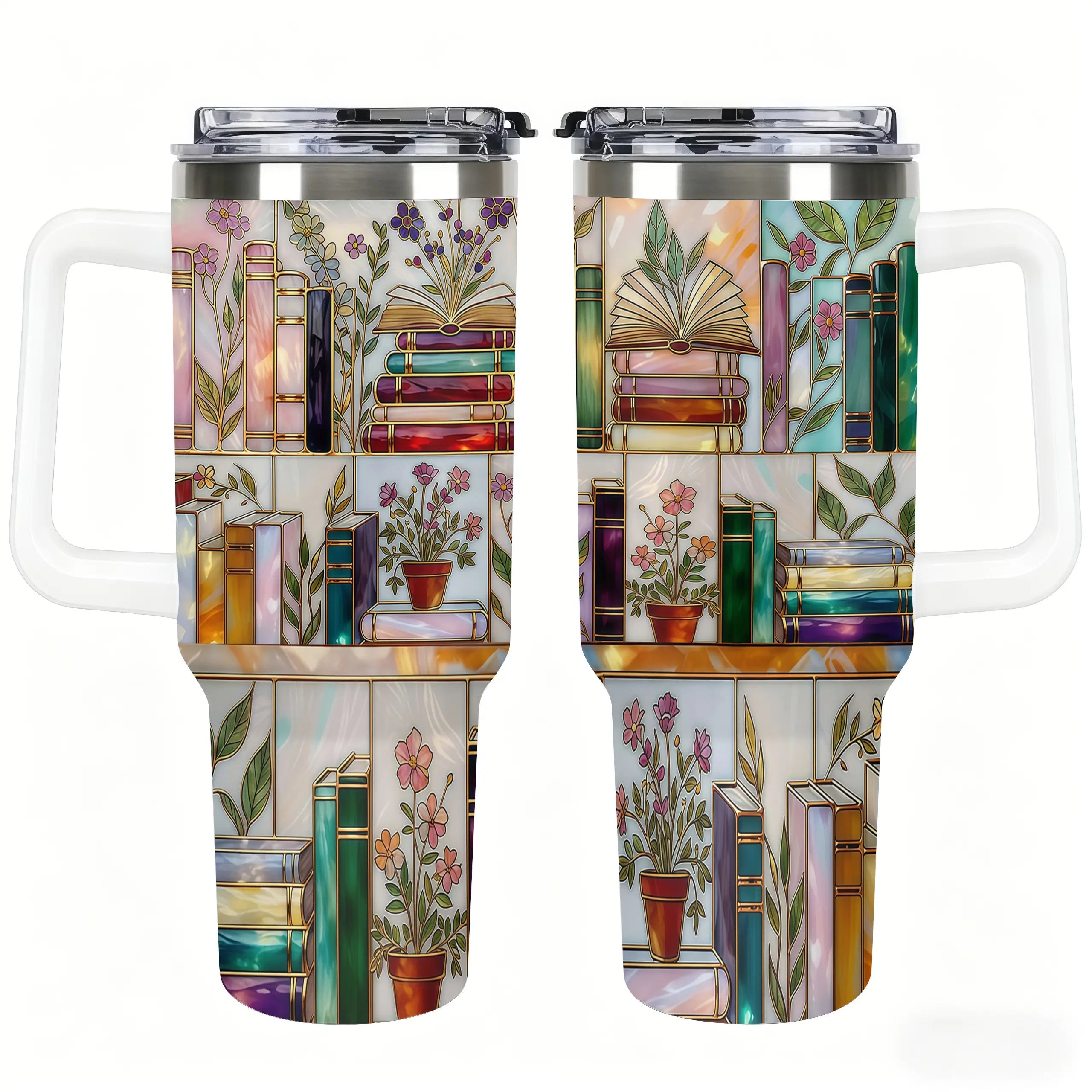 Stained-Glass Book Design 40oz Tumbler,Flat 2D Printed Floral Bookshelf Tumbler, Book Lover Gift, Bookish Cup, Library Cup, Tea Cup, Coffee Mug, Gift for Friends, Kitchen Drinkware, Dealsforyou, Summerwins