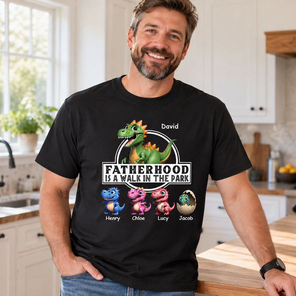 Fatherhood Is A Walk In The Park Dinosaurs Dad & Kids - Personalized Shirt - Father's Day Gift For Husband, Dad