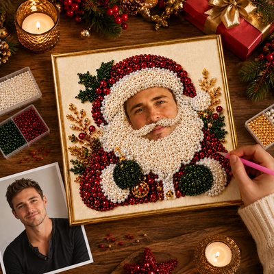Personalized Christmas Pearl Art Portrait – Custom AI Face Swap Santa Canvas Decor for Holiday Gift, Family & Loved Ones