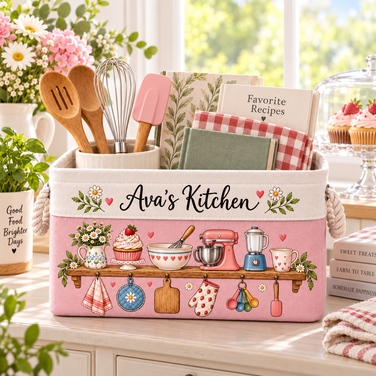 Custom Name Floral Kitchen Counter Organizer, Cute Kitchen Utensil Personalized Fabric Storage Basket