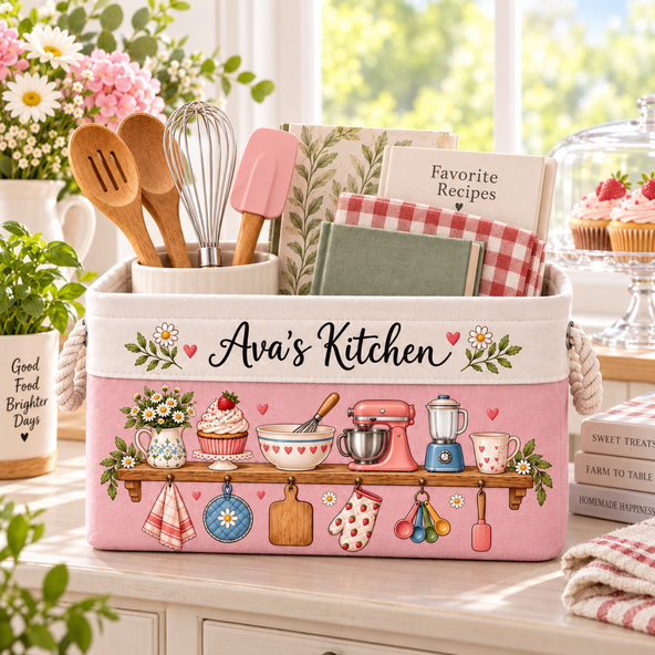 Custom Name Floral Kitchen Counter Organizer, Cute Kitchen Utensil Personalized Fabric Storage Basket