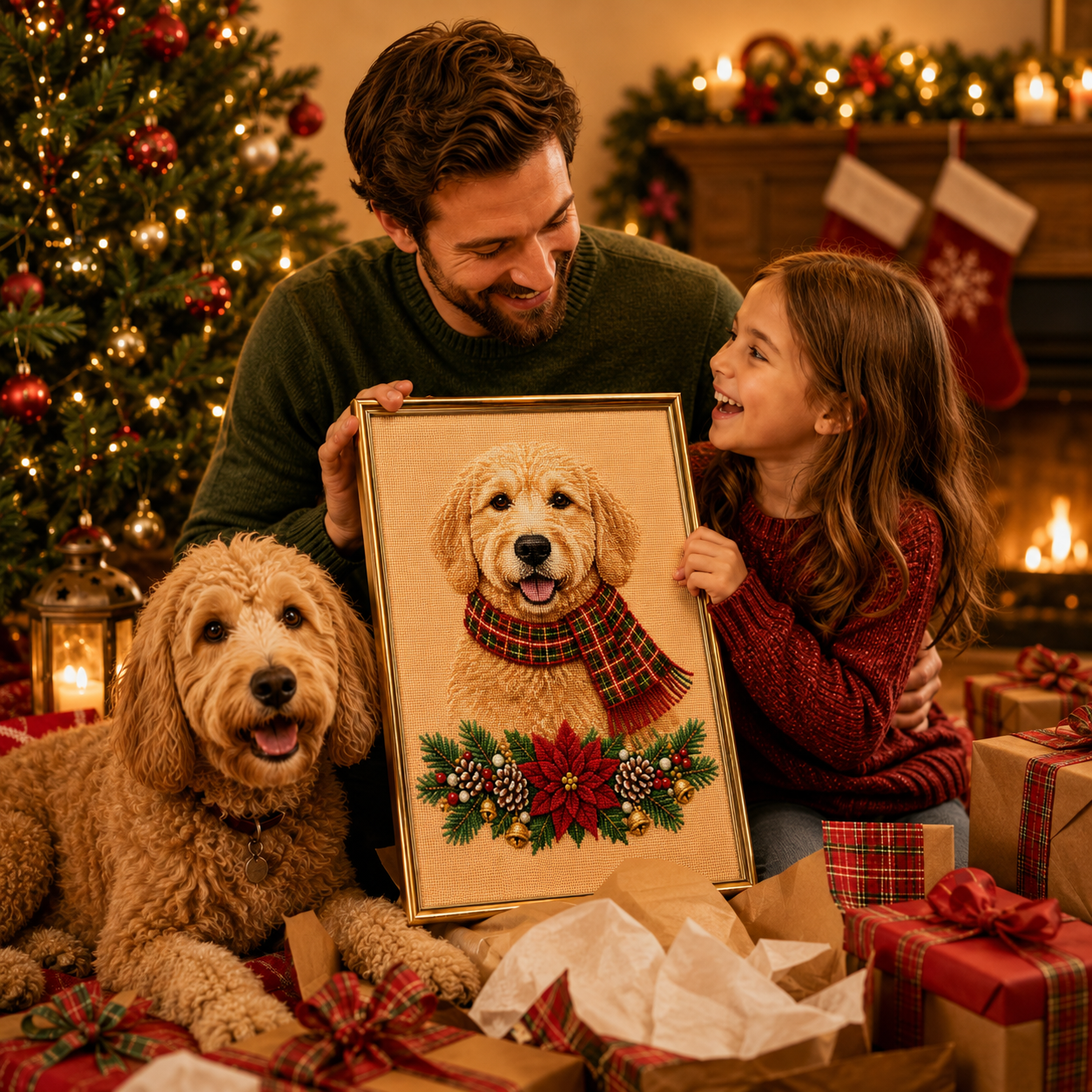 Christmas Cross‑Stitch Kit, With Plaid Scarf Festive Garland DIY Embroidery Art Set, Holiday Animal Needlework Gift For Pet Lovers