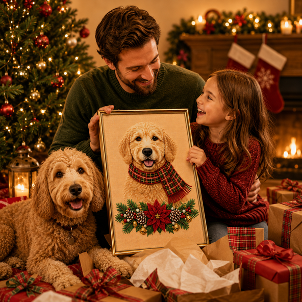 Christmas Cross‑Stitch Kit, With Plaid Scarf Festive Garland DIY Embroidery Art Set, Holiday Animal Needlework Gift For Pet Lovers